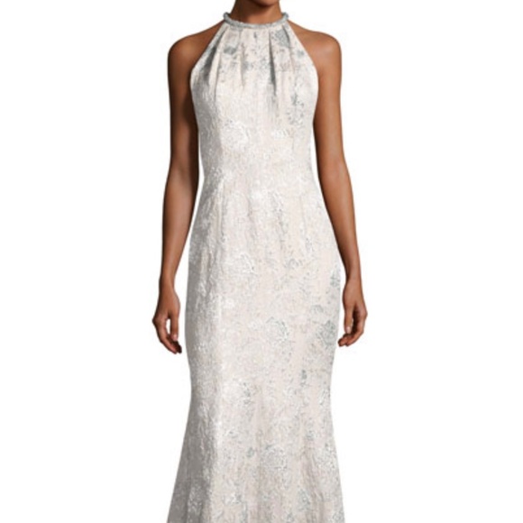Carmen Marc Valvo silver jacquard gown